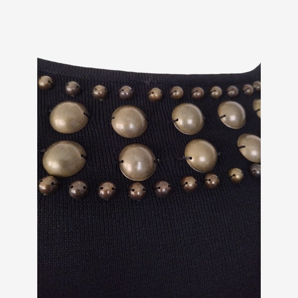 Grace Black Boat Neck Long Sleeved Beaded Fitted Stretch Knit Mini Dress - Picture 9 of 11